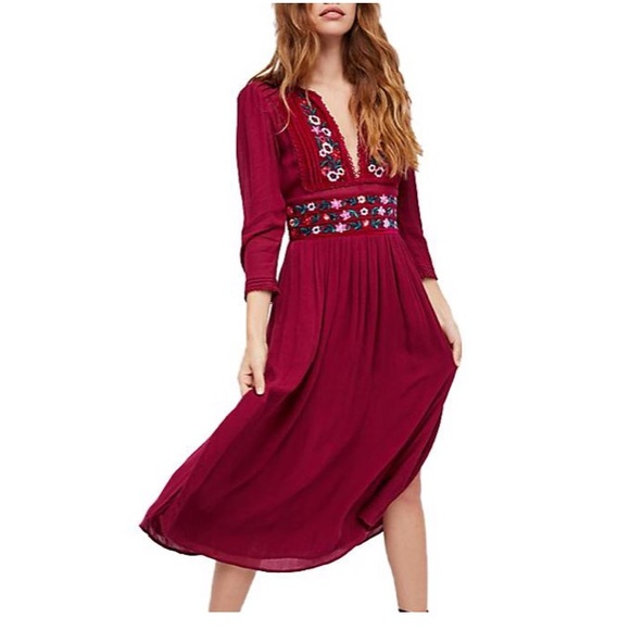Free People Dresses & Skirts - Free People embroidered burgundy dress, SZ L